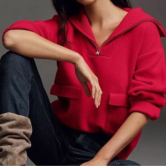 Anthropologie English Factory Red Half Zip Heavyweight Long Sleeve Pullover - Picture 3 of 9